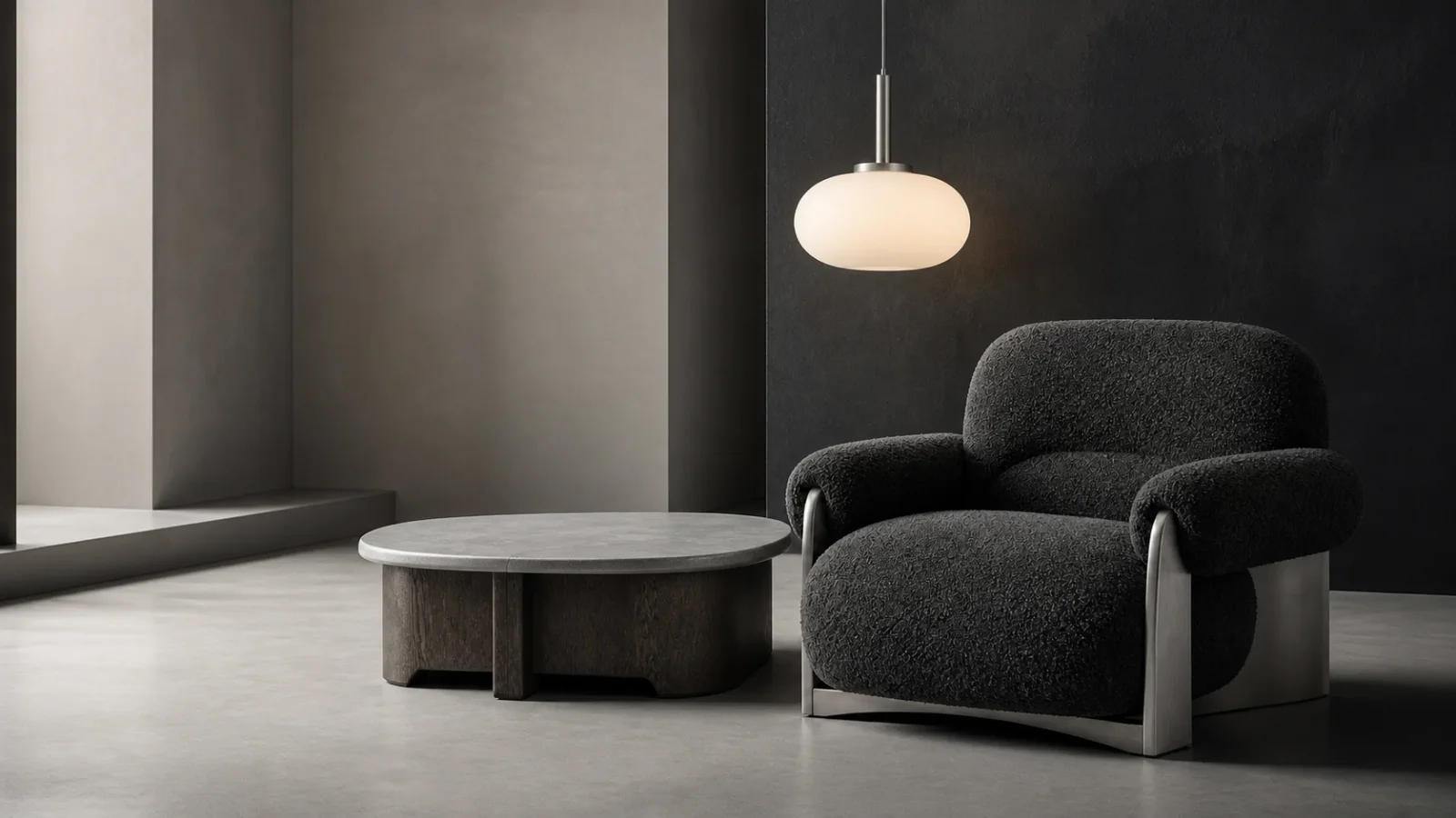 Aryatect lounge chair, low oak table, and opaline pendant in a quiet architectural interior
