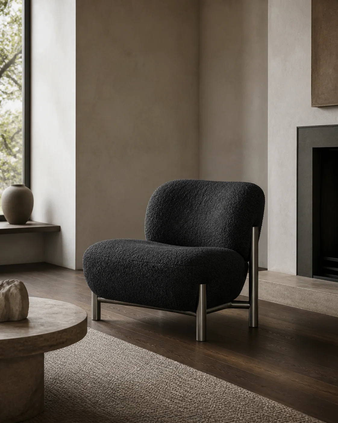 Form 01 Bouclé Lounge Chair in a quiet contemporary living room beside a stone table and fireplace