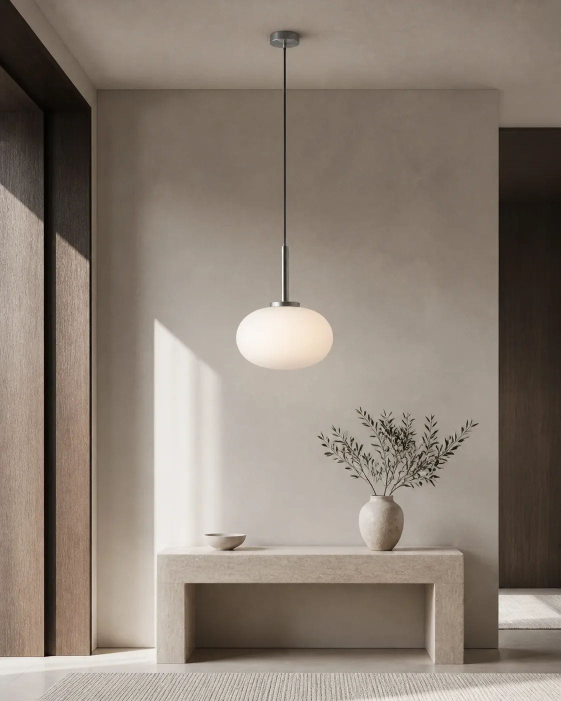 Orbit Opaline Pendant glowing above a pale stone console in a quiet contemporary interior