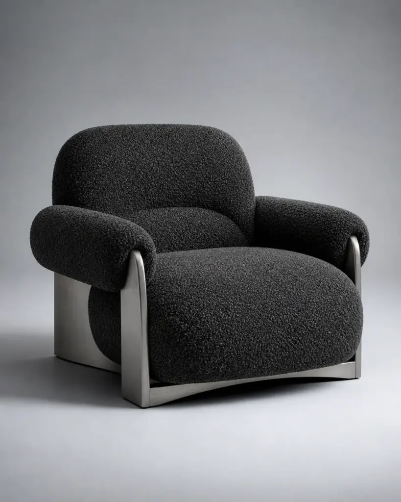 Charcoal boucle lounge chair with brushed metal supports