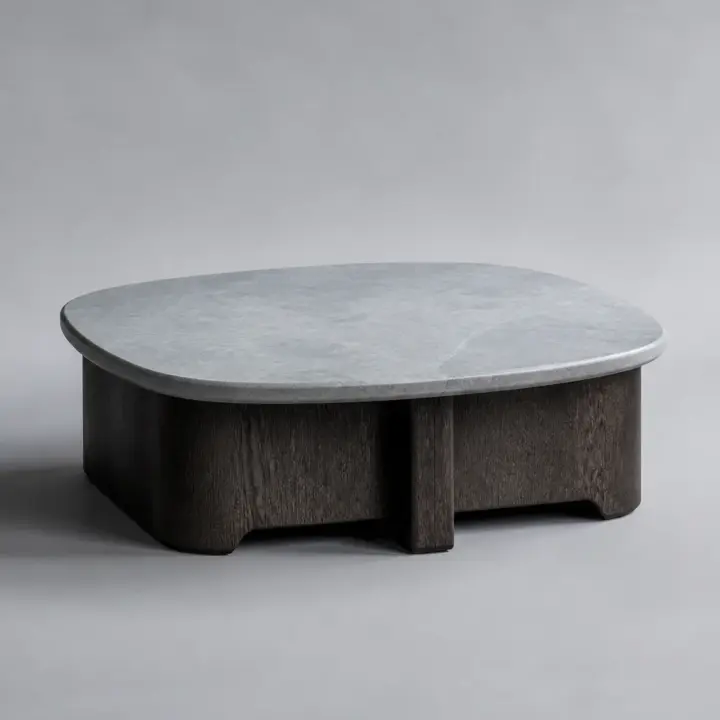 Low smoked oak coffee table with a pale stone top