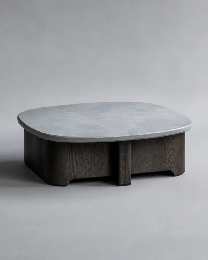 Low smoked oak coffee table with a pale stone top