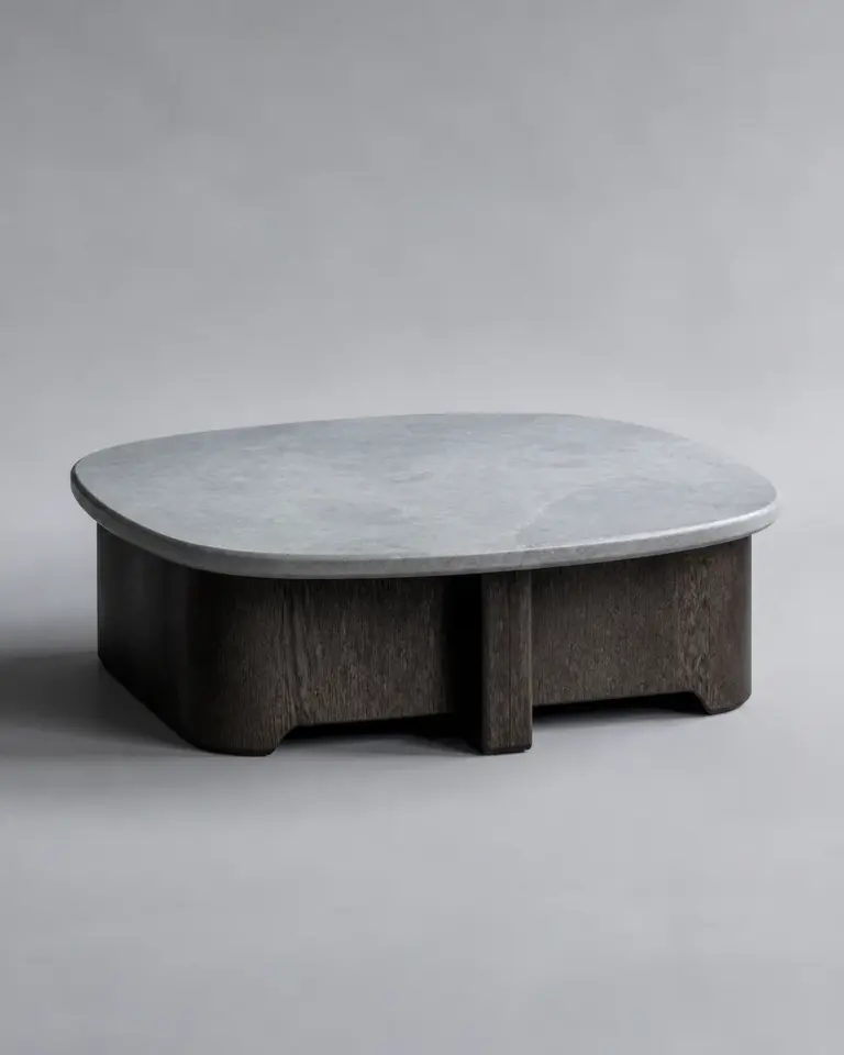 Low smoked oak coffee table with a pale stone top
