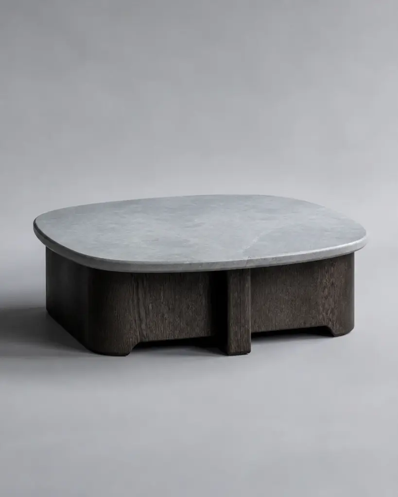 Low smoked oak coffee table with a pale stone top